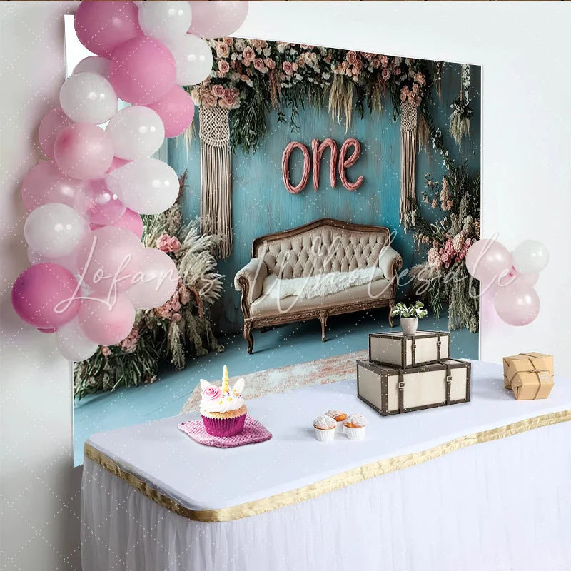 Lofaris Rustic Blue One 1st Birthday Backdrop with Pink Floral and Sofa Elegant Vintage Photography Background for Baby Photoshoot
