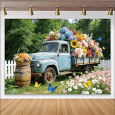 Lofaris Rustic Blue Truck Floral Photography Backdrop Colorful Garden Scene Background for Photoshoot and Decor