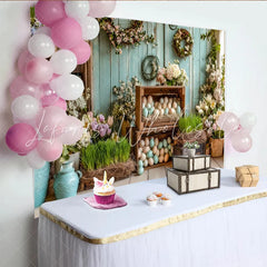 Lofaris Rustic Blue Wood Easter Backdrop with Pastel Eggs and Spring Flowers Charming Farmhouse Photography Background for Holiday Party