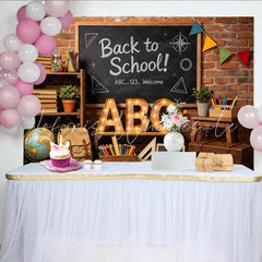 Lofaris Rustic Brick Wall Back to School Backdrop with Chalkboard and ABC Letters Educational Photography Background for Classroom Decor
