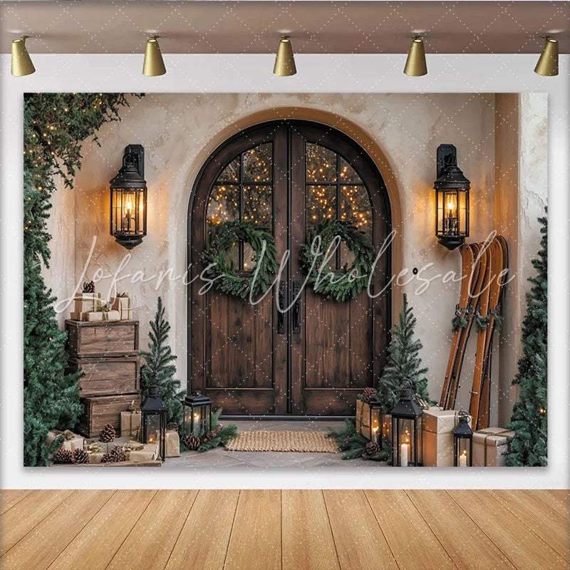 Lofaris Rustic Christmas Backdrop with Wooden Door Green Wreaths and Cozy Lanterns Winter Holiday Party Decor