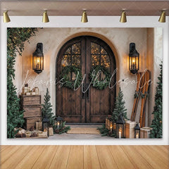 Lofaris Rustic Christmas Backdrop with Wooden Door Green Wreaths and Cozy Lanterns Winter Holiday Party Decor