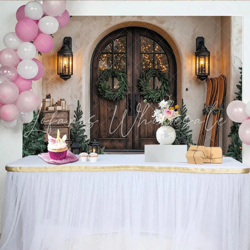 Lofaris Rustic Christmas Backdrop with Wooden Door Green Wreaths and Cozy Lanterns Winter Holiday Party Decor