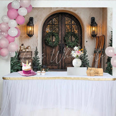Lofaris Rustic Christmas Backdrop with Wooden Door Green Wreaths and Cozy Lanterns Winter Holiday Party Decor
