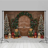 Lofaris Rustic Christmas Barn Door Photography Backdrop Flocked Trees and Teddy Bears Farmhouse Holiday Mini Sessions