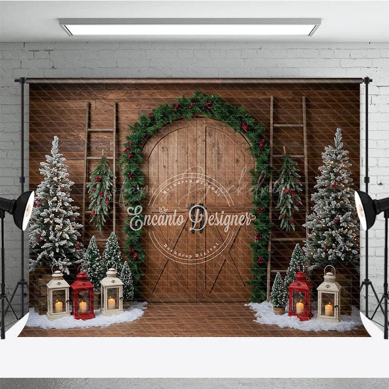Lofaris Rustic Christmas Barn Door Photography Backdrop Flocked Trees in Snow Farmhouse Holiday Photo Background