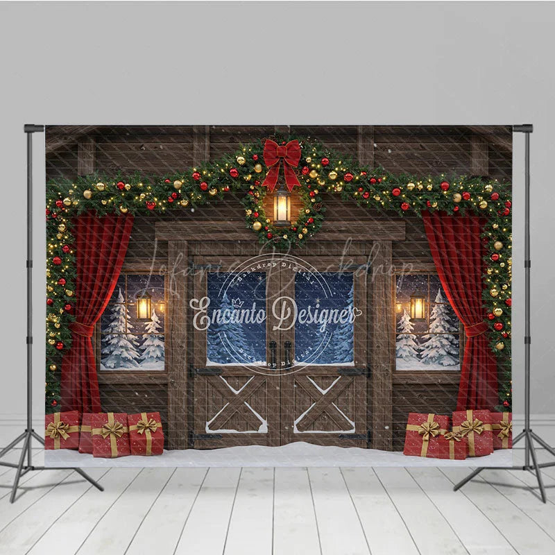 Lofaris Rustic Christmas Barn Photography Backdrop Snowy Windows with Garland Farmhouse Holiday Photo Background