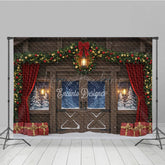 Lofaris Rustic Christmas Barn Photography Backdrop Snowy Windows with Garland Farmhouse Holiday Photo Background