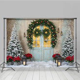 Lofaris Rustic Christmas Door Photography Backdrop Blue in Snow with Garland Winter Holiday Photo Background