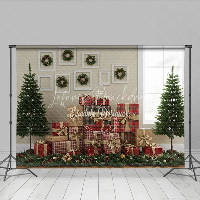 Lofaris Rustic Christmas Gallery Wall Photography Backdrop Plaid Presents and Wreaths Farmhouse Holiday Background