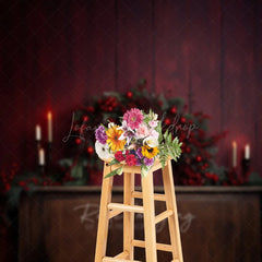 Lofaris Rustic Christmas Photography Backdrop Fireplace Mantel with Red Berry Garland Moody and Elegant Holiday Prop