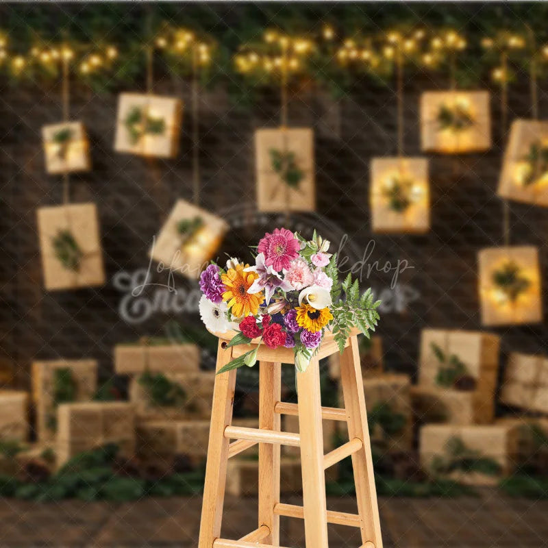 Lofaris Rustic Christmas Photography Backdrop with Hanging Lighted Presents Dark Wood Wall Unique Holiday Photo Background