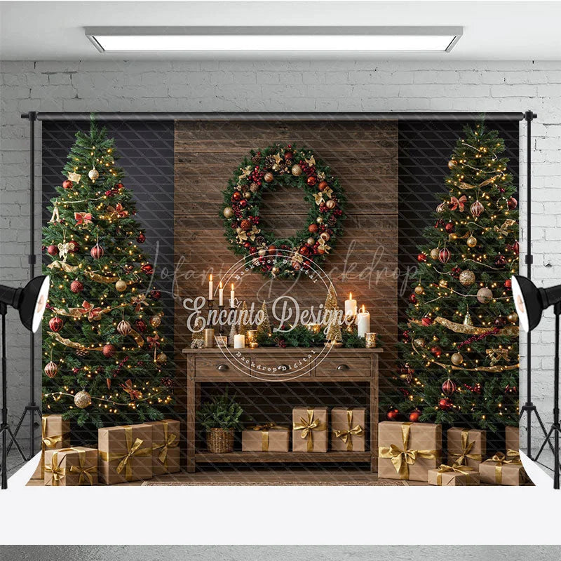 Lofaris Rustic Christmas Photography Backdrop Wood Wall with Trees and Wreath Farmhouse Holiday Mini Session Background
