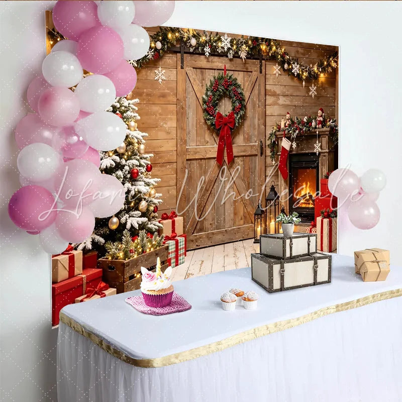 Lofaris Rustic Christmas Tree and Fireplace Holiday Backdrop Cozy Winter Scene Background for Festive Photoshoot and Party Decor.