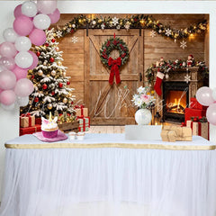 Lofaris Rustic Christmas Tree and Fireplace Holiday Backdrop Cozy Winter Scene Background for Festive Photoshoot and Party Decor.