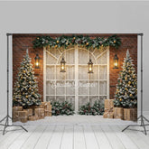 Lofaris Rustic Christmas Window Photography Backdrop Brick Wall with Flocked Trees Snowy Holiday Photo Background