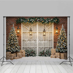 Lofaris Rustic Christmas Window Photography Backdrop Brick Wall with Flocked Trees Snowy Holiday Photo Background