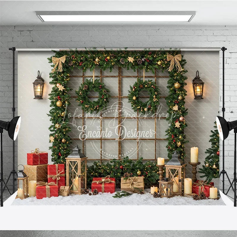 Lofaris Rustic Christmas Window Photography Backdrop Snowy View Framed with Garland Holiday Mini Session Background