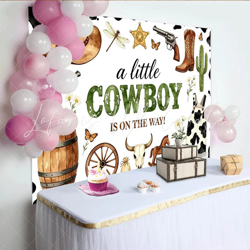 Lofaris Rustic Cowboy Baby Shower Backdrop for Boy Little Cowboy Is On The Way Photography Background with Western Elements