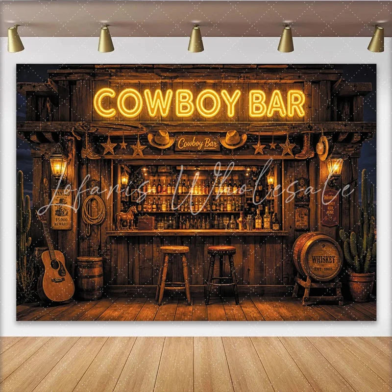 Lofaris Rustic Cowboy Bar Photography Backdrop with Neon Sign and Whiskey Barrels Vintage Western Saloon Background for Photo Booth Prop