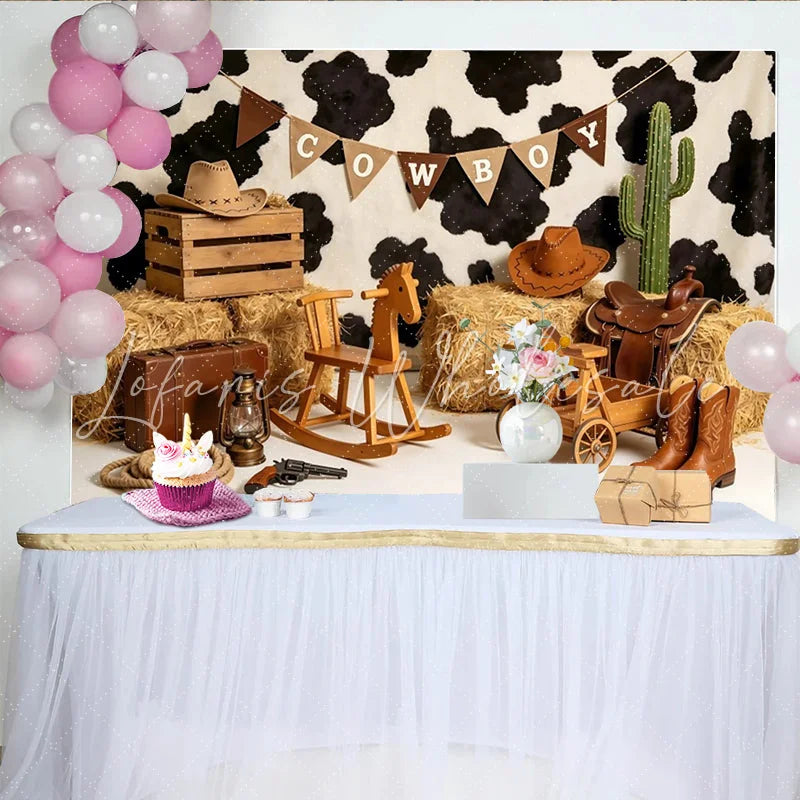 Lofaris Rustic Cowboy Birthday Backdrop with Cow Print and Hay Bales Western Themed Photography Background for Party Decor