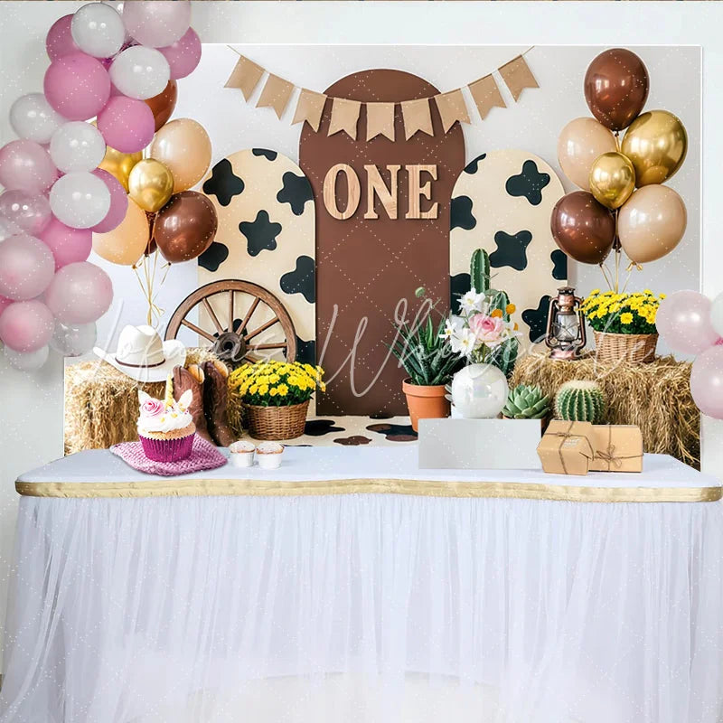 Lofaris Rustic Cowboy First Birthday Backdrop with Hay and Balloons Western Farm Theme Photo Background for Baby Boy Party Decor