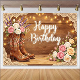 Lofaris Rustic Cowgirl Birthday Backdrop with Floral Boots Western Theme Party Decor for Girls Photoshoot