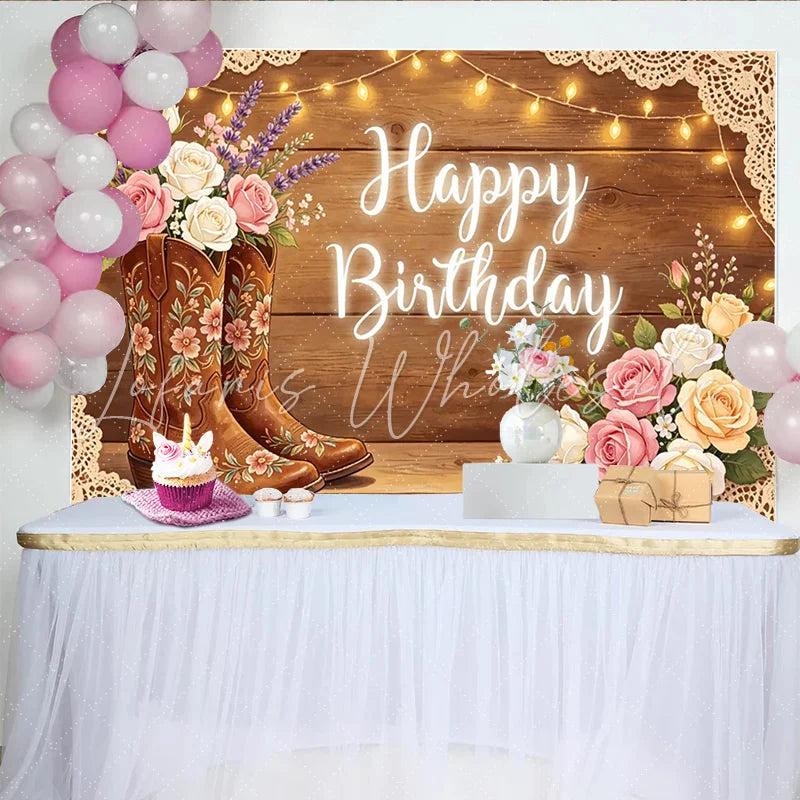 Lofaris Rustic Cowgirl Birthday Backdrop with Floral Boots Western Theme Party Decor for Girls Photoshoot