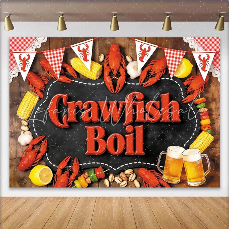 Lofaris Rustic Crawfish Boil Backdrop with Red Bunting and Corn Festive Seafood Party Decor for Summer Outdoor Gathering