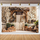 Lofaris Rustic Easter Backdrop with Wooden Arch Spring Flowers Picket Fence Charming Background for Holiday Celebration
