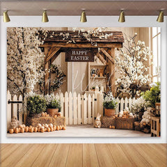 Lofaris Rustic Easter Backdrop with Wooden Arch Spring Flowers Picket Fence Charming Background for Holiday Celebration