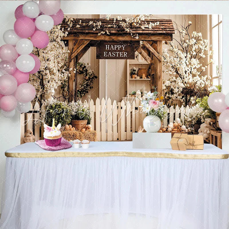 Lofaris Rustic Easter Backdrop with Wooden Arch Spring Flowers Picket Fence Charming Background for Holiday Celebration