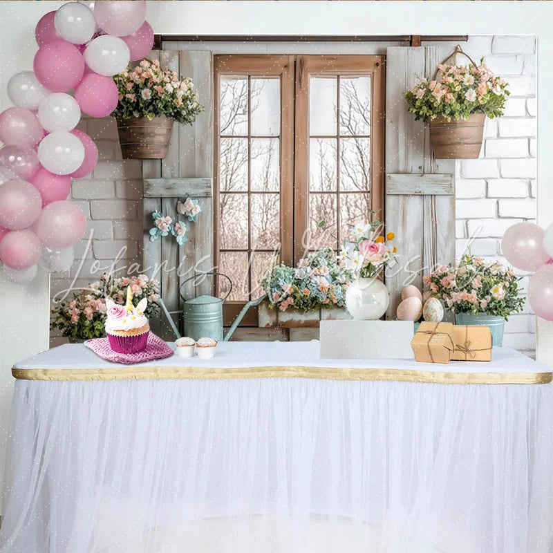 Lofaris Rustic Easter Photography Backdrop with Spring Flowers Pastel Eggs Farmhouse Window Background for Studio Portraits and Holiday