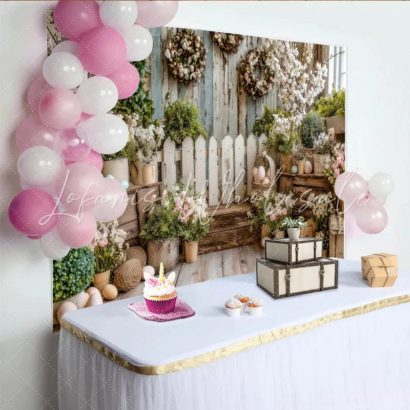 Lofaris Rustic Easter Spring Backdrop with White Flowers Eggs and Wooden Fence Photography Background for Holiday Party Decor