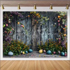 Lofaris Rustic Easter Wood Backdrop Spring Floral and Colorful Eggs Photography Background