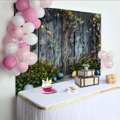 Lofaris Rustic Easter Wood Backdrop Spring Floral and Colorful Eggs Photography Background