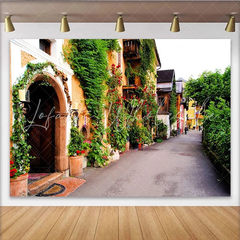 Lofaris Rustic European Street Photography Backdrop with Ivy and Red Roses Charming Village Scenery Background for Studio Photoshoot