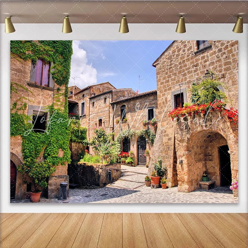 Lofaris Rustic European Village Street Photography Backdrop with Stone Buildings and Ivy Old Town Archway Background for Studio Photoshoot