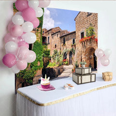 Lofaris Rustic European Village Street Photography Backdrop with Stone Buildings and Ivy Old Town Archway Background for Studio Photoshoot
