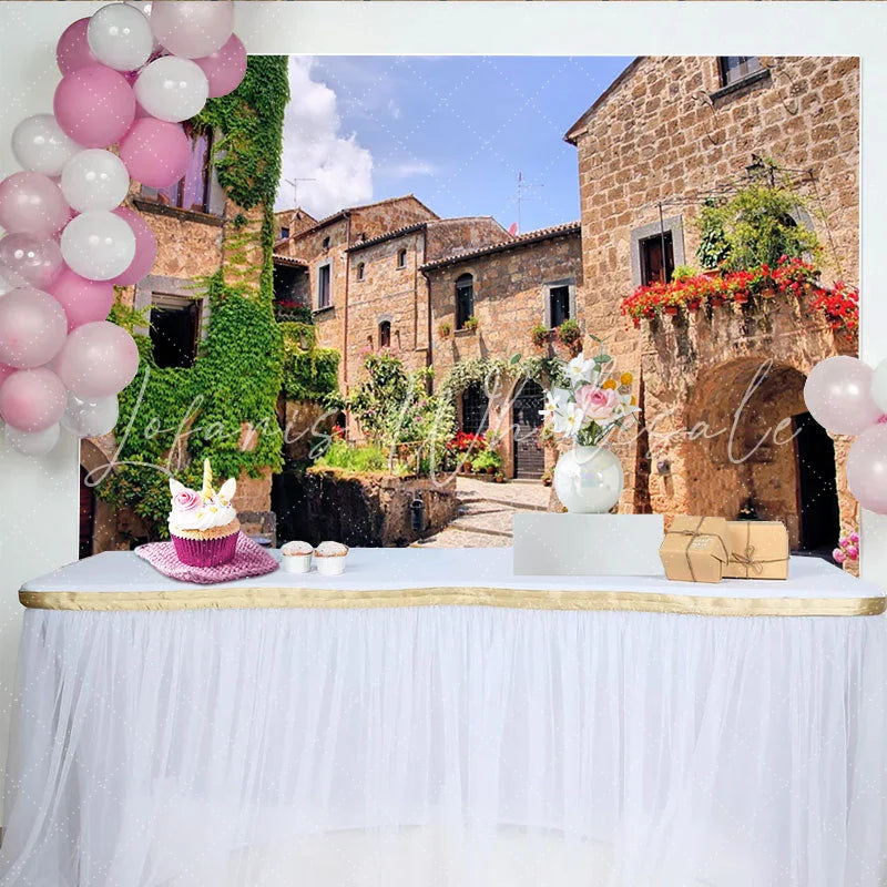 Lofaris Rustic European Village Street Photography Backdrop with Stone Buildings and Ivy Old Town Archway Background for Studio Photoshoot