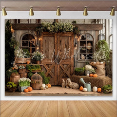 Lofaris Rustic Fall Photography Backdrop with Barn Doors and Pumpkins Autumn Harvest Studio Background for Portraits.