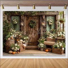 Lofaris Rustic Fall Photography Backdrop with Wooden Door and Autumn Flowers Cozy Studio Background for Seasonal Portrait