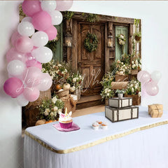 Lofaris Rustic Fall Photography Backdrop with Wooden Door and Autumn Flowers Cozy Studio Background for Seasonal Portrait