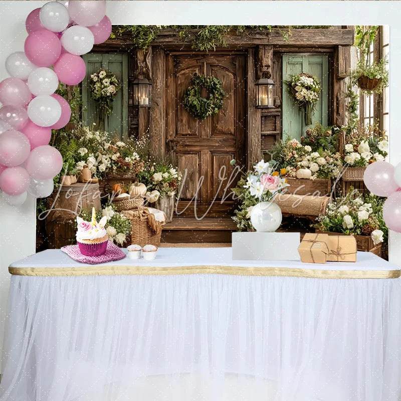 Lofaris Rustic Fall Photography Backdrop with Wooden Door and Autumn Flowers Cozy Studio Background for Seasonal Portrait