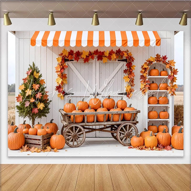 Lofaris Rustic Fall Pumpkin Holiday Backdrop with Autumn Leaves White Barn Photography Background for Harvest Festival Decor