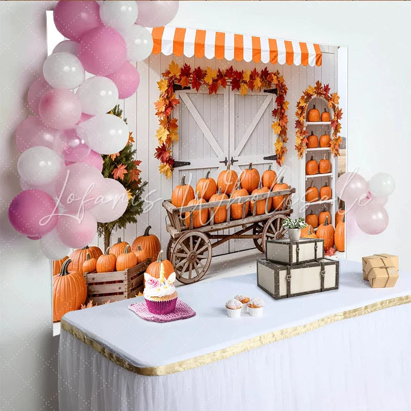 Lofaris Rustic Fall Pumpkin Holiday Backdrop with Autumn Leaves White Barn Photography Background for Harvest Festival Decor
