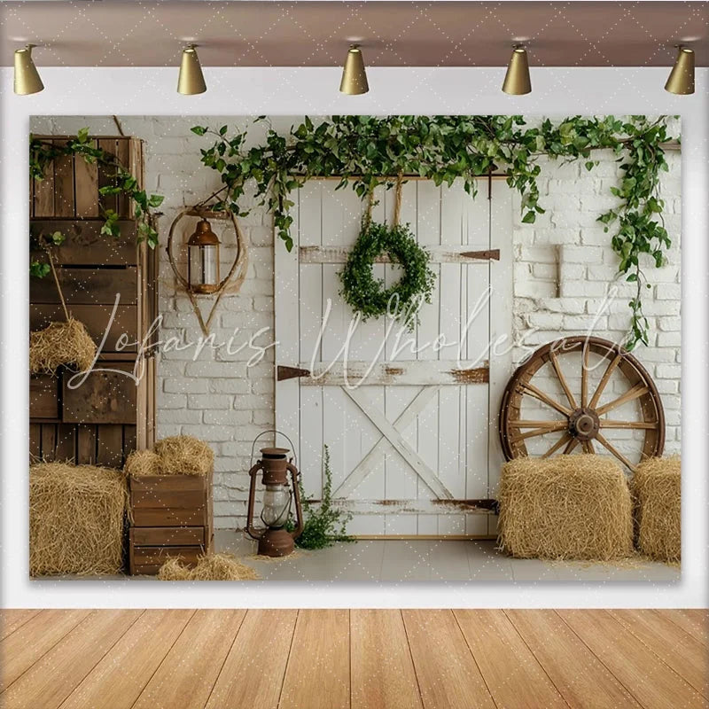 Lofaris Rustic Farmhouse Backdrop with White Barn Door and Brick Wall Charming Country Studio Background for Photoshoot