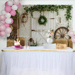 Lofaris Rustic Farmhouse Backdrop with White Barn Door and Brick Wall Charming Country Studio Background for Photoshoot