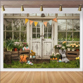 Lofaris Rustic Farmhouse Door Party Backdrop with Spring Flowers Easter Eggs and Cute Bunny for Celebration