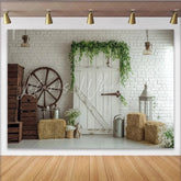 Lofaris Rustic Farmhouse Door Photography Backdrop with Green Ivy Vintage Wood and Hay Bale Decor for Studio Portrait